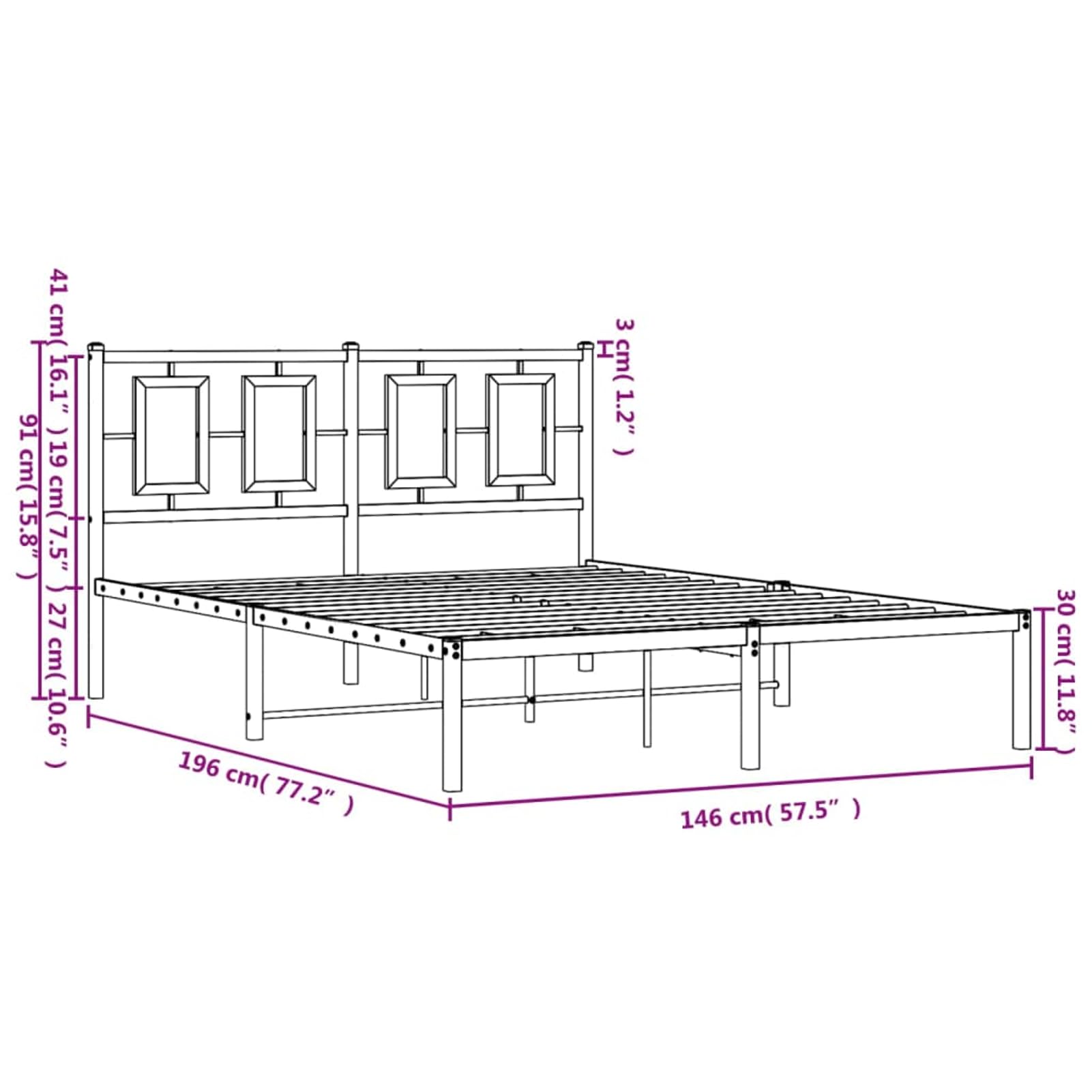 WGYHOME Rama łóżka 140 x 190 cm z zagłówkiem, kolor biały, stal – malowane proszkowo metalowe łóżko ze środkowymi nóżkami i wysokość 26 cm pod łóżko dla dorosłych