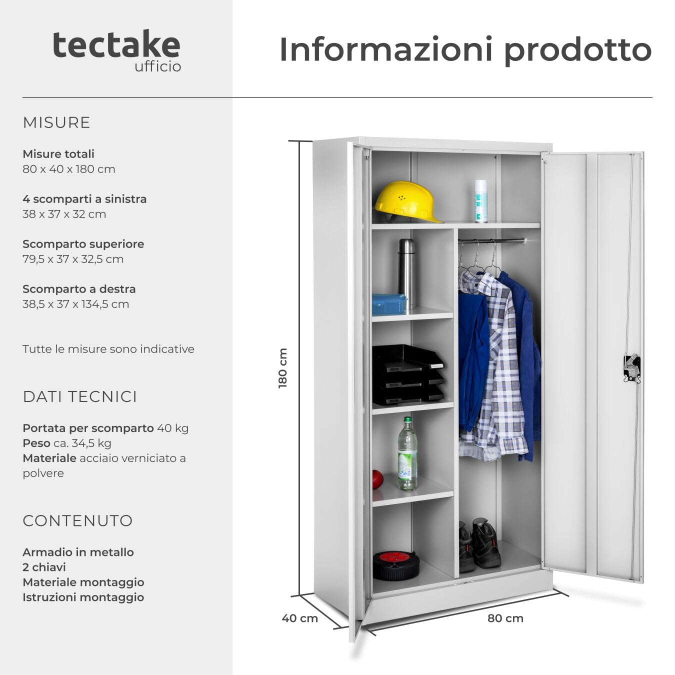 tectake® Armadio Portadocumenti, 6 Scomparti, Asta Appendiabiti, Armadio Multiuso in Acciaio Verniciato, Mobile con Ante Rinforzate, Serratura a Cilindro di Sicurezza, 80 cm - Grigio
