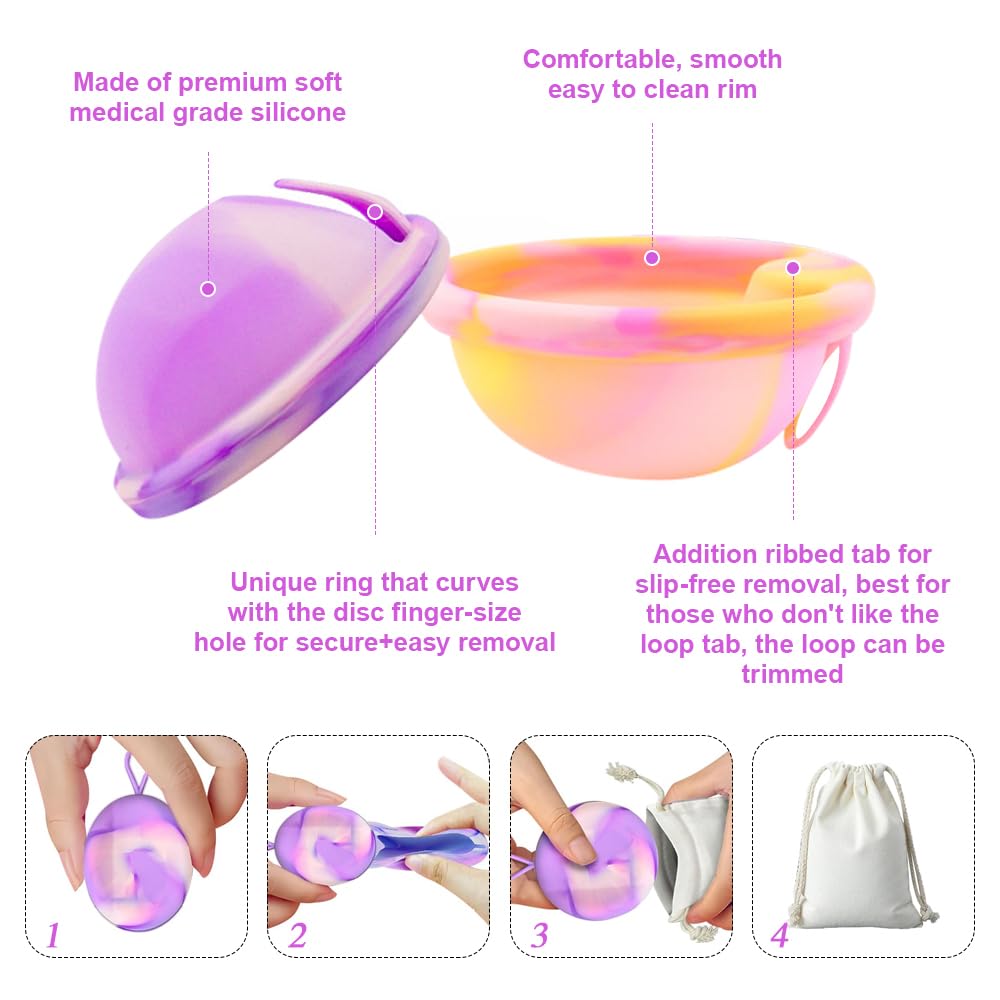 LUFEIS Dysk menstruacyjny, 2 sztuki Dysk menstruacyjny, Wielokrotnego użytku dysk menstruacyjny, Kubek menstruacyjny z silikonu, dla wszystkich natężeń przepływu, Bezpieczny podczas sportu i pływania