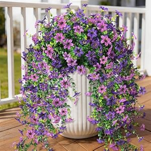 INQCMY Artificial Fake Hanging Flowers Plants for Outdoor Summer Decoration,2 PCS Faux Silk Daisy with Eucalyptus Leaves,UV Resistant Look Real for Outside Home Planter Porch Patio Balcony Yard Decor