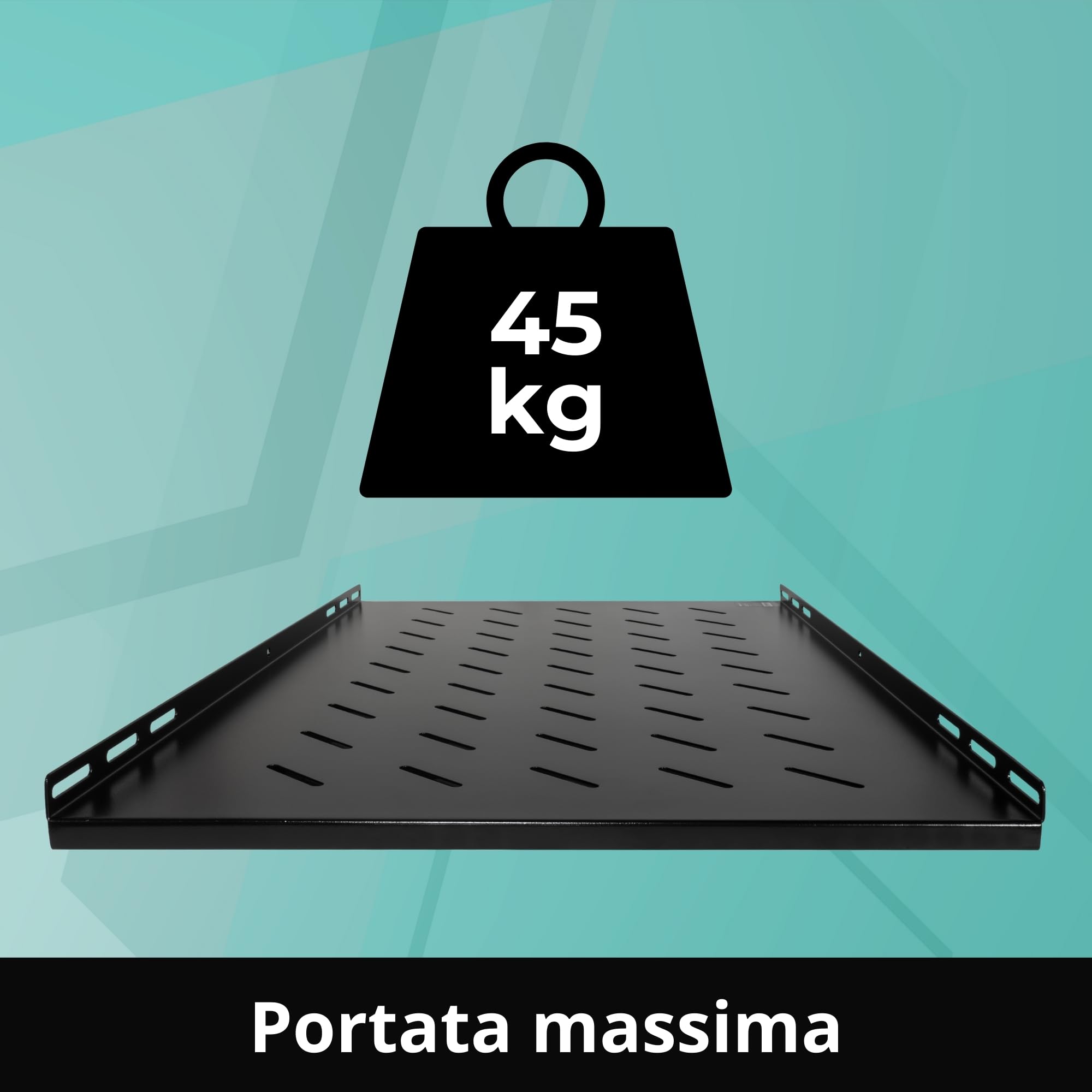 Mensola per Armadio Rack 19" 1U Ventilata, Acciaio Verniciato Polvere, Portata 45Kg, profondità 700mm, Fissaggio 4 Punti per armadi di Rete 19" con profondità di 1000mm, Colore Nero