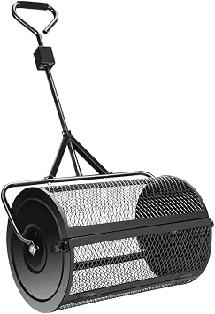 Peat Moss Spreader Lawn & Garden Top Dresser - 24 Inch Steel Mesh Cylinder Drum - Compost Manure Topsoil Spreader Roller - Adjustable Handle
