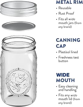 Tebery 6 Pack 32oz Clear Glass Jars, 1L Mason Jar Wide Mouth Preserving Jars Canning Glass Jar with Lids for Drinking, Meal, Overnight Oats
