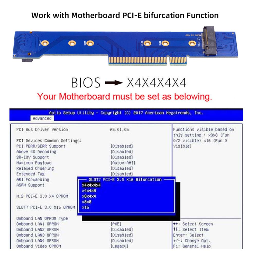Cablecc Dual 2X NVMe M.2 SSD auf PCIe Express Gen4 X8 X16 RAID Card VROC Hyper Adapter mit Low-Profile-Halterung