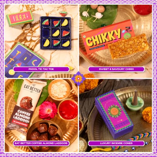 Image of Phool 11-item Rakhi Gift Hamper for Brother | 2 Rakhis, Tic Tac Toe, Incense, Laddoo & Chikki | Raksha Bandhan Gift Set for Bhai rakhi gift hamper brother sister rakhi box gift set combo