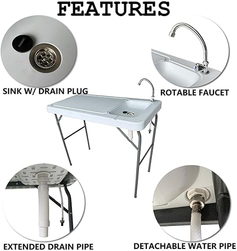 Miniatura 4 de Mesa plegable de grado comercial de 3.8 pies, mesa de limpieza con fregadero y grifo, plegable por la mitad moldeada por soplado, portátil,