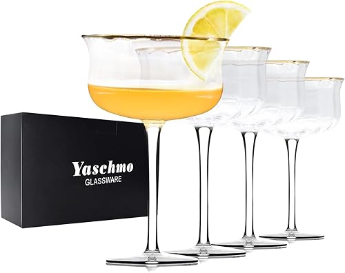 Miniatura 1 de Coupe - Juego de 4 vasos de Martini Art Deco vintage de 10 onzas, copas de cóctel de cupé sopladas a mano, cristal sin plomo, borde dorado, copas de