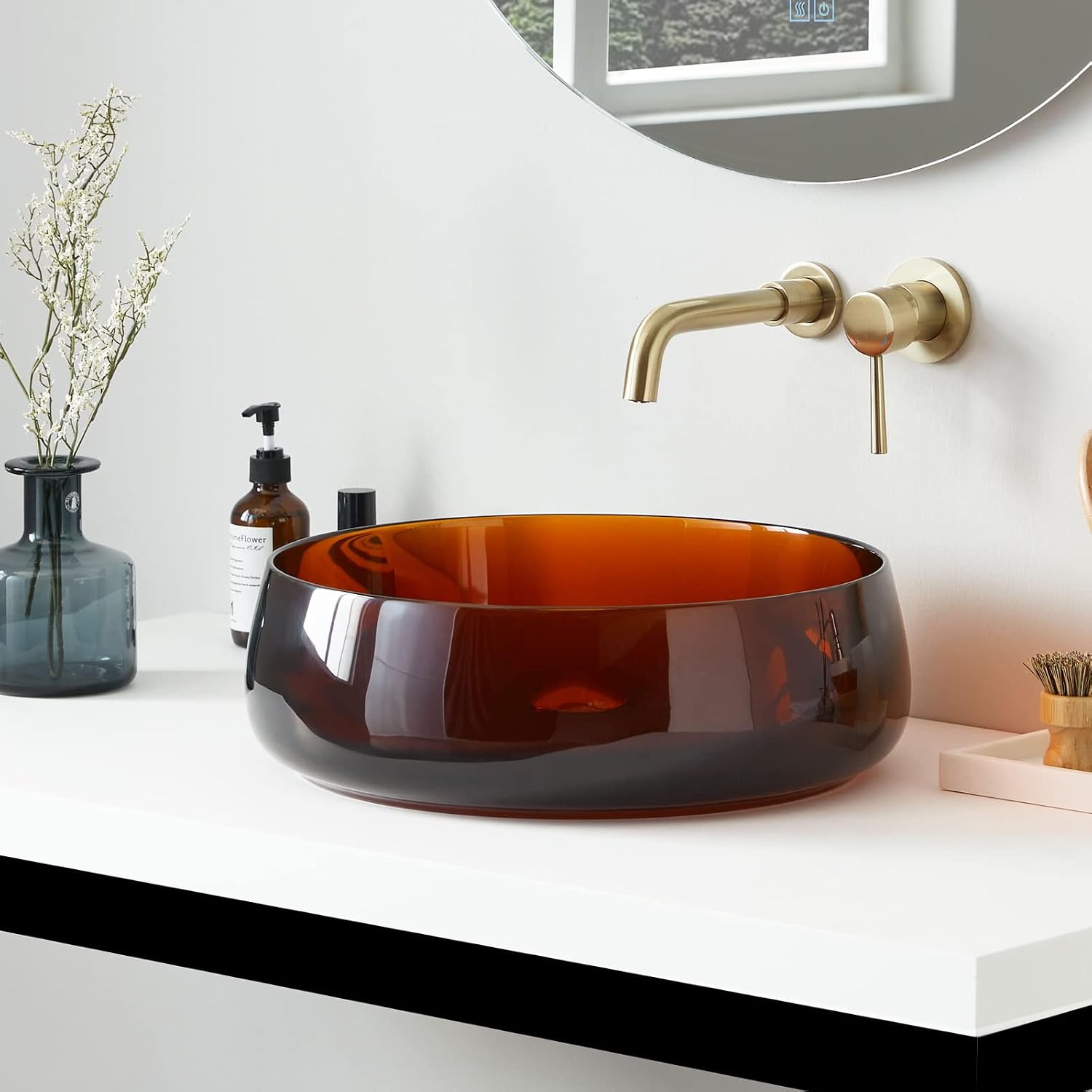 Cpingao Bathroom Sink Translucent Stone Resin 17.7'' Round Bathroom Vessel Sink, Above Counter Vessel Sink Basin with Pop-up Drain (Brown)