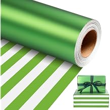 Homeral Green Wrapping Paper Roll - 17 In x 33 Ft Matte Metallic Solid Color & Green and White Stripe Reversible Gift Wrapping Paper for Birthday, Wedding, Christmas, Baby Shower, Valentine, DIY Craft