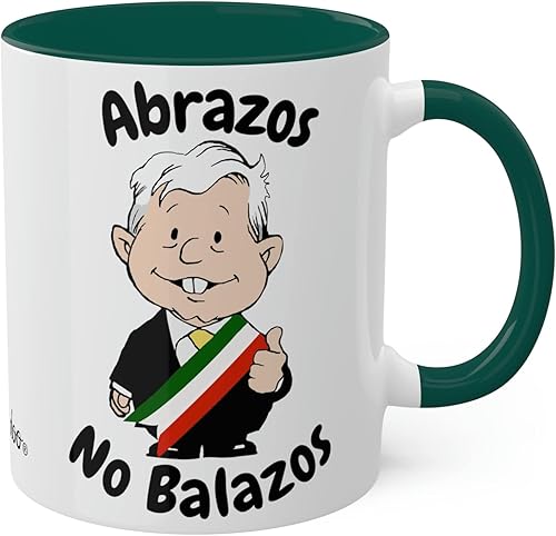 Miniatura 1 de MEXICANDOO AMLO - Taza de café Abrazos No Balazos con diseño de dibujos animados divertidos Muñeco AMLITO, taza de cerámica blanca brillante con