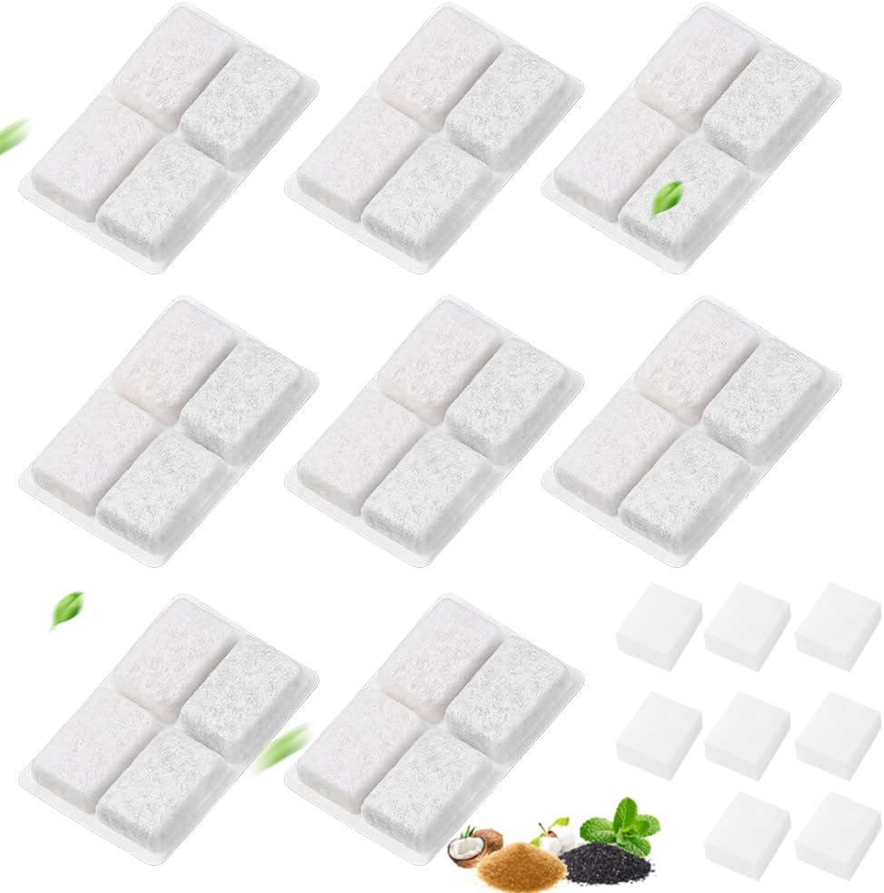 16 Pack Cat Water Fountain Filter with Sponge,8Pcs Replacement Dogs Fountains Filters & 8 Pieces Sponges,Compatible with 2L White Fountain's Water's Dispenser (White, 8 Filters & 8 Sponges)