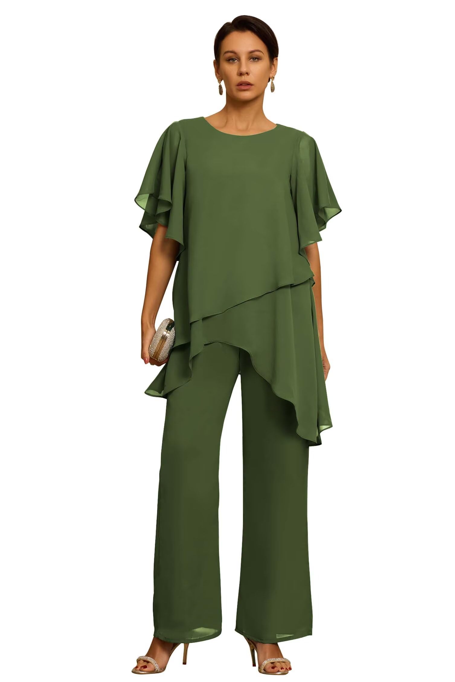 Short Sleeves Mother of The Bride Pant Suits for Wedding Chiffon Scoop Neck Wedding Guest Party Formal Outfit