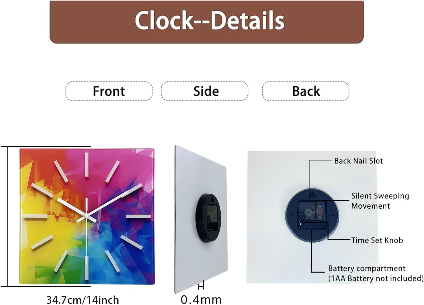 Square Glass Wall Clock Silent Analog Wall Clocks Battery Operated 14 Inch Colorful Wall Clock for Kitchen