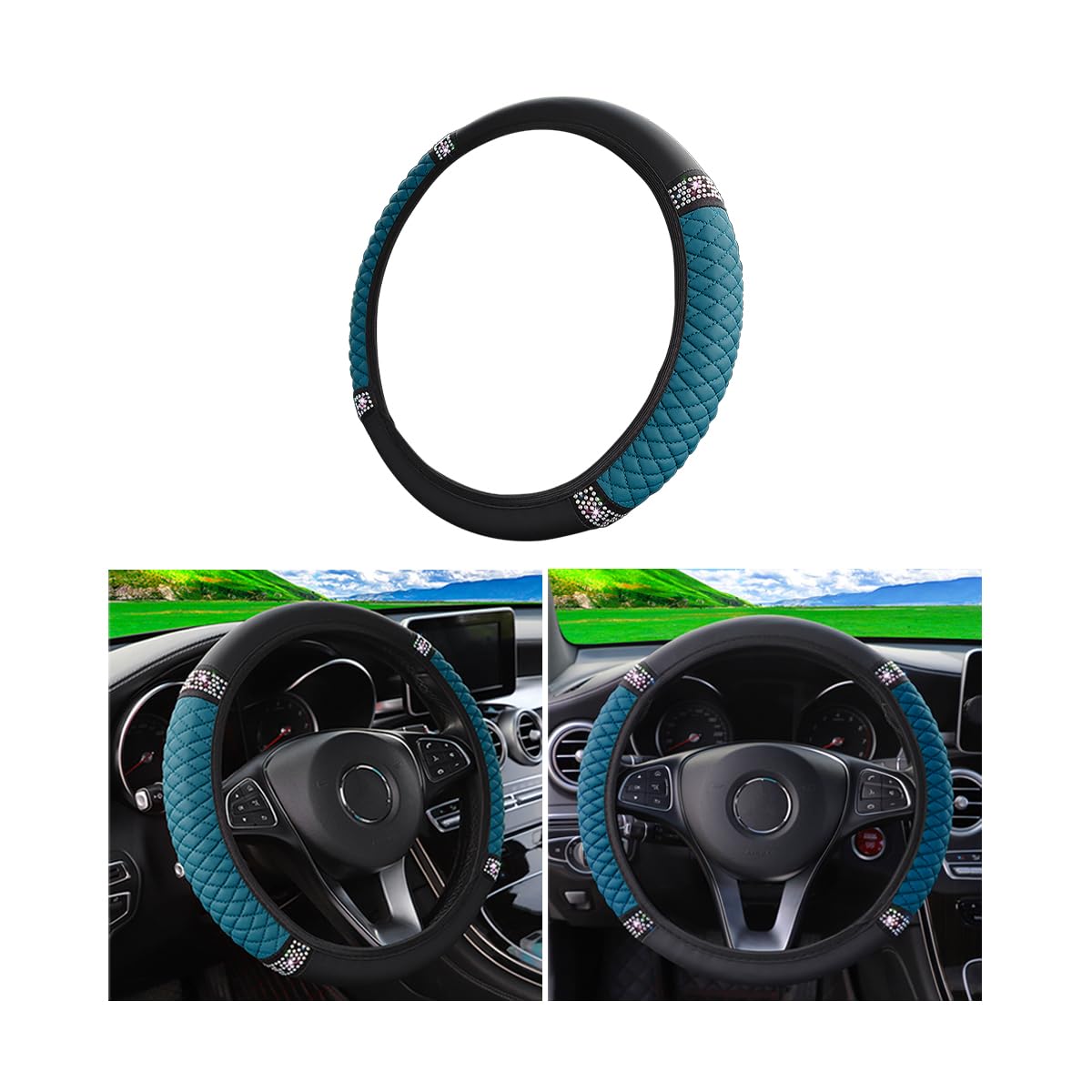 Osilly 15 Inch Rhinestone Leather Steering Wheel Cover, Black/Green
