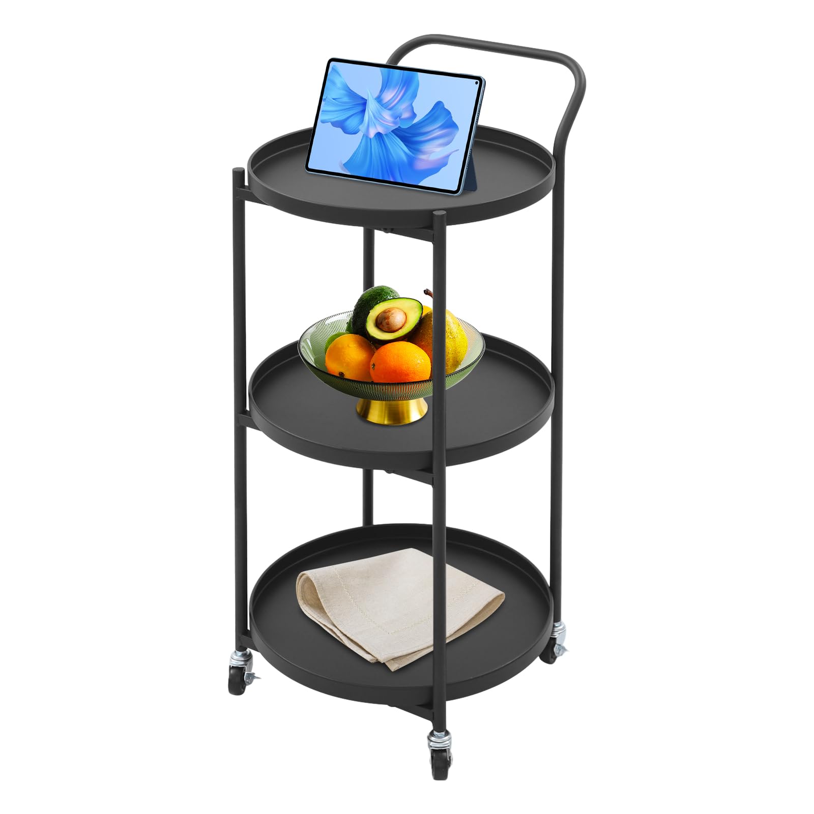Carrello di laminazione di 3 livelli con ruote, carrello di utilità del metallo per cucina e soggiorno, 46 x 40 x 78 cm Scaffale di stoccaggio di risparmio di spazio nero con freni e maniglia