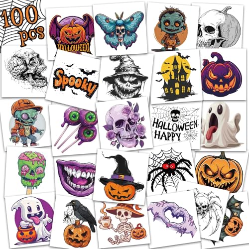 Tatuajes Temporales Niños Halloween, 100 Hojas Pegatinas de Tatuajes de Halloween, Tatuajes Halloween Niños, Tattoo Temporales, Tatoos Sticker, Decoración Temática para Fiestas
