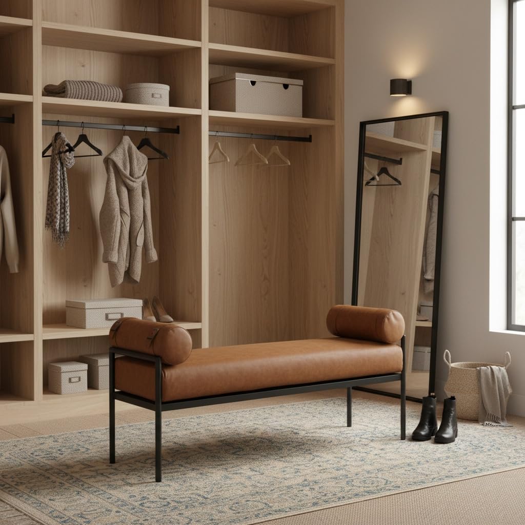 Leather Bed Bench 55 Inch Long Bedroom Bench Padded Upholstered Ottoman Bench with Removable Pillows Modern Rectangle Entryway Bench Seat for Living Room/Foyer, Brown