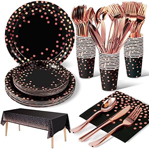 Nkaiso Pink and Rose Gold Party Tableware 141 Pieces Paper Tableware Set Includes Paper Plates Napkins Cups Knives Forks Spoons for Wedding Shower Engagement Wedding Birthday (20 Guests)