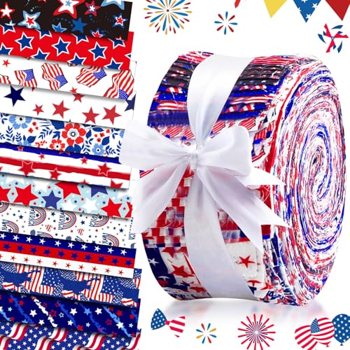 Ganeen 60 Pcs Cotton Jelly Patriotic Fabric Roll Red White Blue Fabric Strips Patriotic USA Flag Quilting Roll for Veterans Day Quilting Cloth Patchwork Sewing DIY Craft, 12 Styles