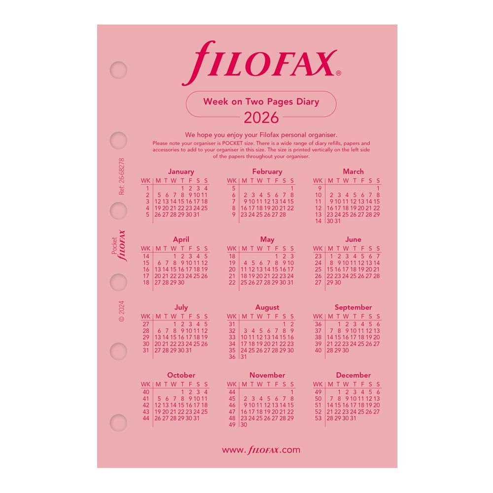 Filofax Recharge pour agenda 2026 format de poche, semainier, papier rose, non ligné, anglais, 2026 (C68278-26)