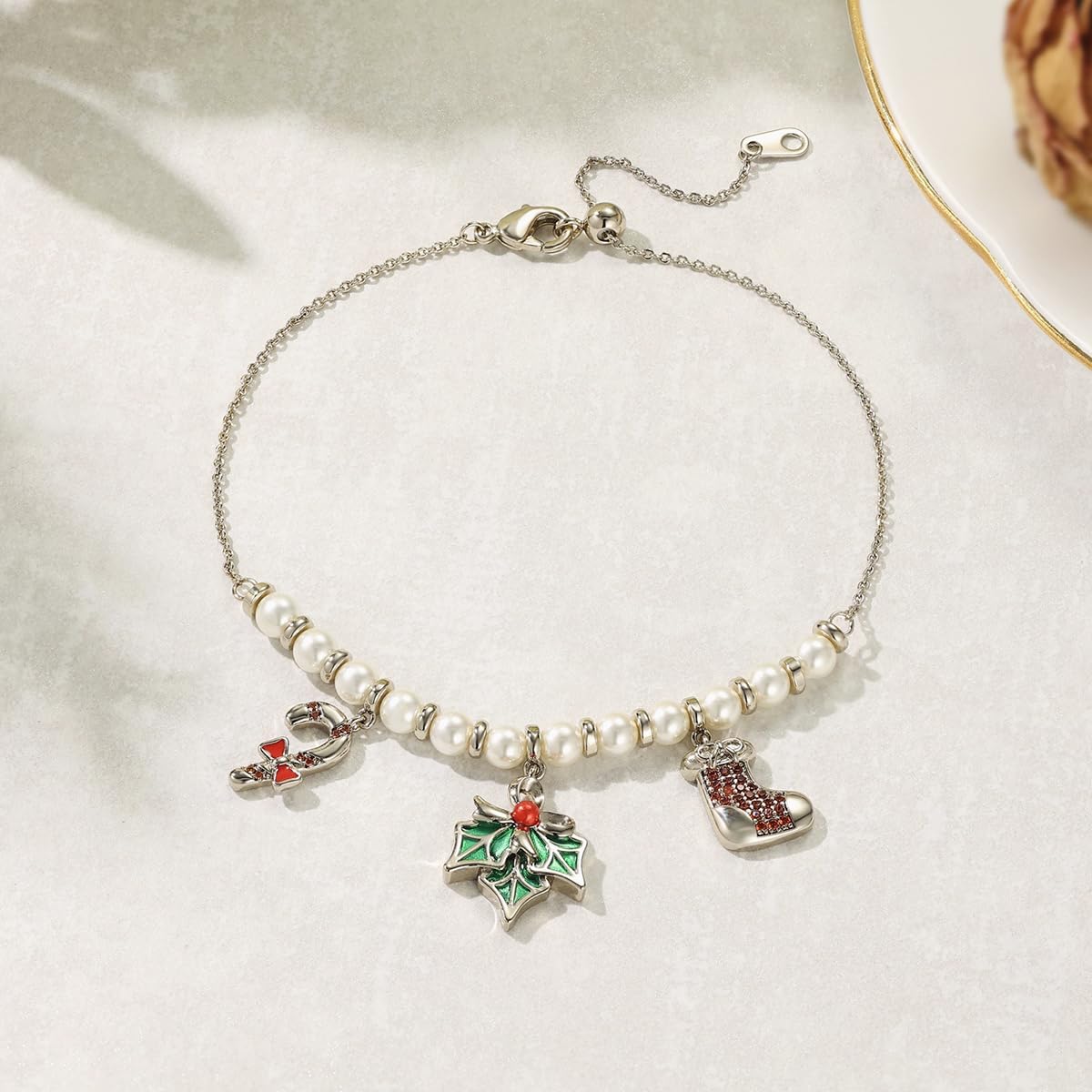 Kokoma Festive Christmas Charm Bracelet for Women, Cubic Zirconia Holly Leaf Crutch Stocking Charms Dangling Link Bracelet Dainty Jewelry for Christmas - Image 4