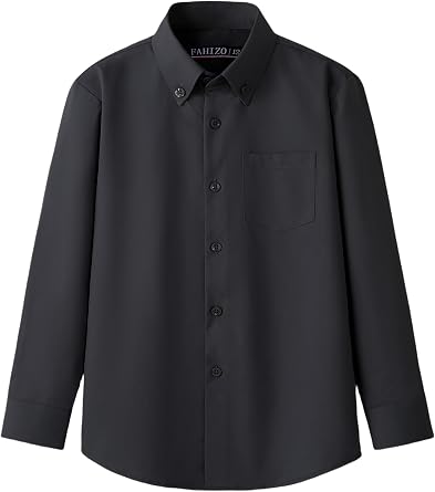 FAHIZO Boys Long Sleeve Regular Fit Button-Down Collared Stretch Dress Shirt with Chest Pocket