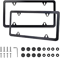 Lrokimg Black License Plate Frames 2 Pack - Rustproof Stainless Steel 4-Hole Holders with Screws, Washers & Caps for US Cars