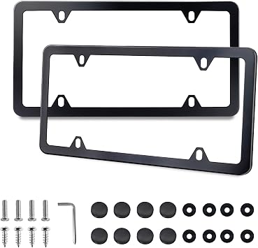 Black License Plate Frames 2 Pack, License Plate Holders Stainless Steel, Universal US Car License Plate Covers with Screws Washers Caps 4 Holes
