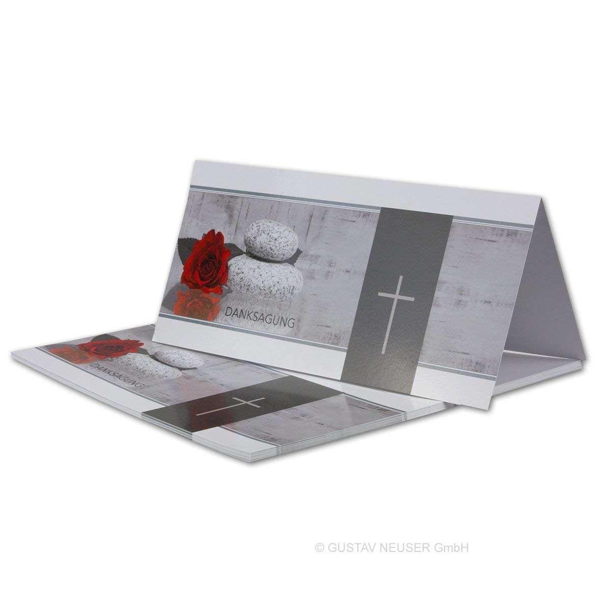 1000 tarjetas de agradecimiento, Din LANG, tarjetas dobles plegables, tarjetas de luto con diseño de cruz de luto de piedra rosa con texto de agradecimiento