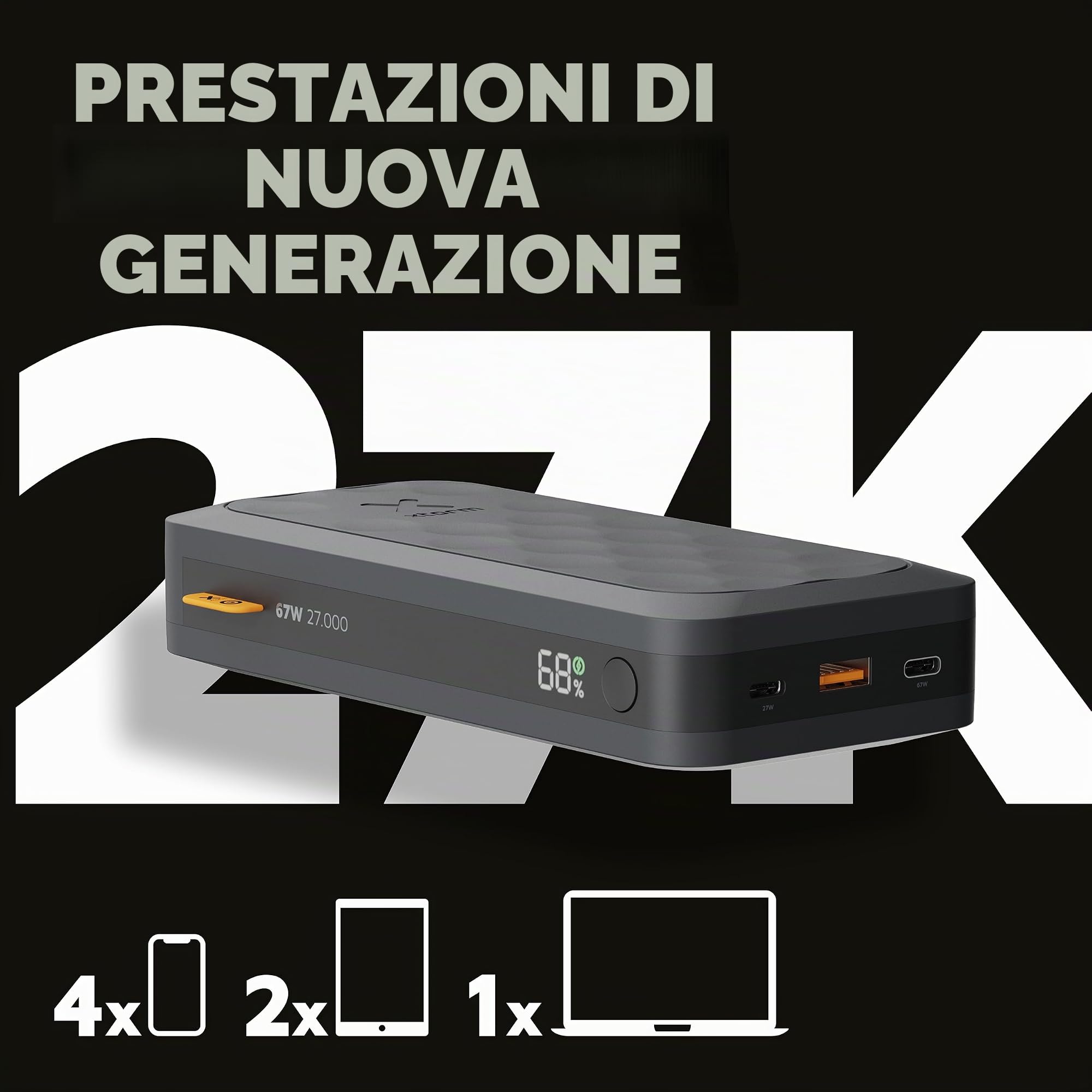 Xtorm Fuel serie5 power bank 27.000mAh 67W uscite USB-C e USB-A nero | Alta capacità, adatto a smartphone, notebook e tablet, con display digitale, ricarica rapida, in plastica riciclata, nero