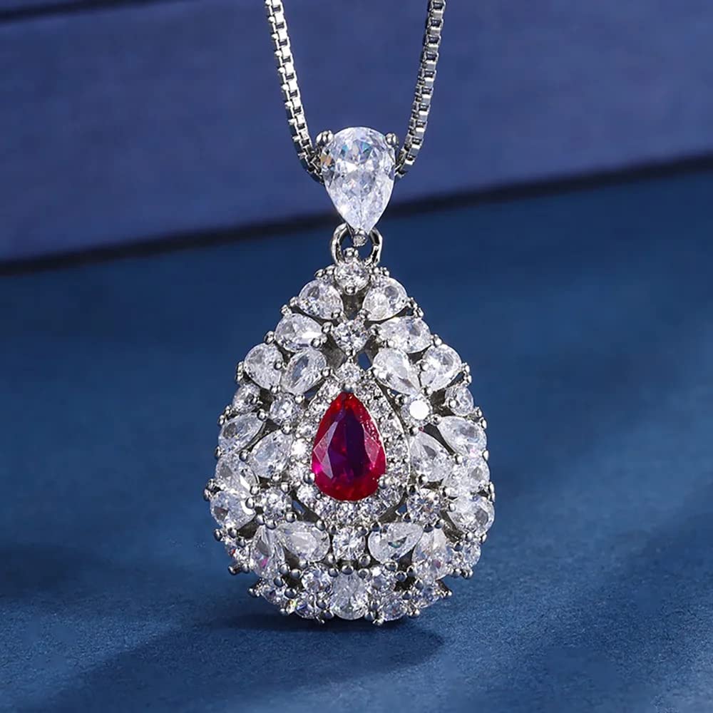 LYGXWJFC 4 * 6mm Collana con Ciondolo in Rubino Anelli per Donna Set Completo di Gioielli da Sposa con Pietre preziose con Diamanti da Laboratorio Regalo Femminile