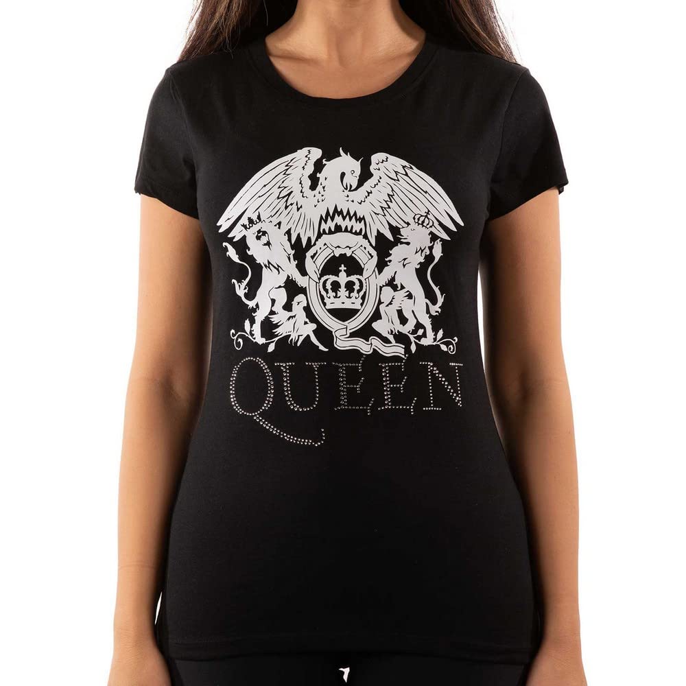 Queen Diamante Crest Skinny Fit T-Shirt - Black Cotton - Ladies XL