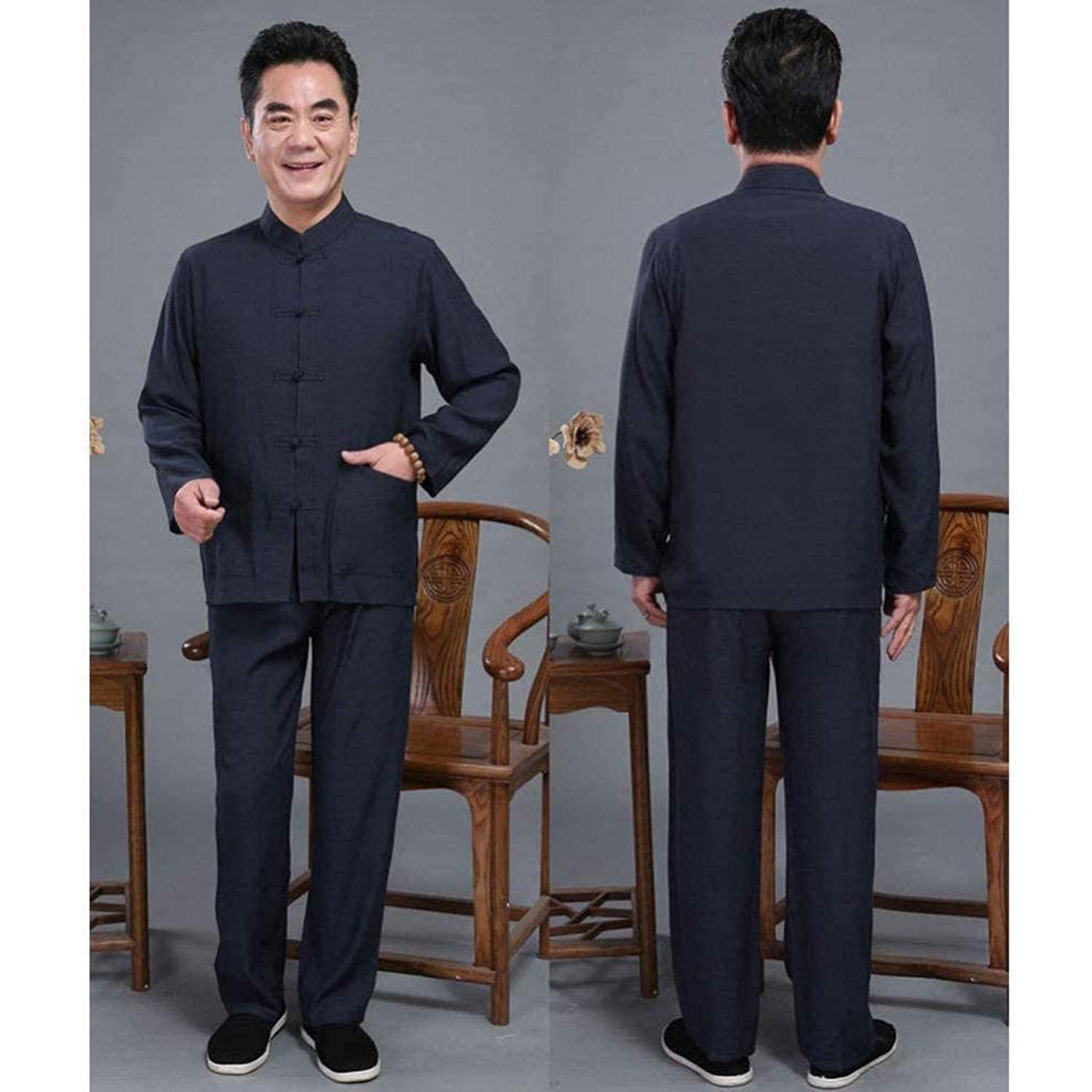 Herren Tai Chi Set aus Baumwolle und Leinen, traditioneller Tang-Anzug, Kampfsportkleidung, Hemden und Hosen, Uniform, zweiteilig, Grau-Mittel (Dunkelblau L)