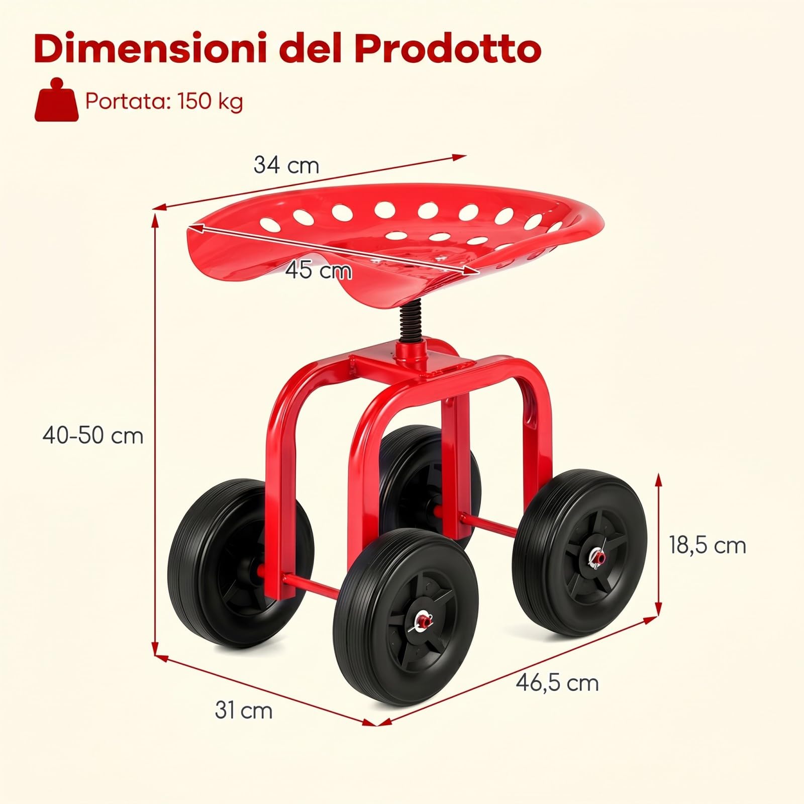 COSTWAY Sgabello con Ruote per Giardinaggio, Sedile con Ruote Regolabile in Altezza e Portatile, Seggiolino da Giardino, Prato e Cortile, Portata 150kg (Rosso)