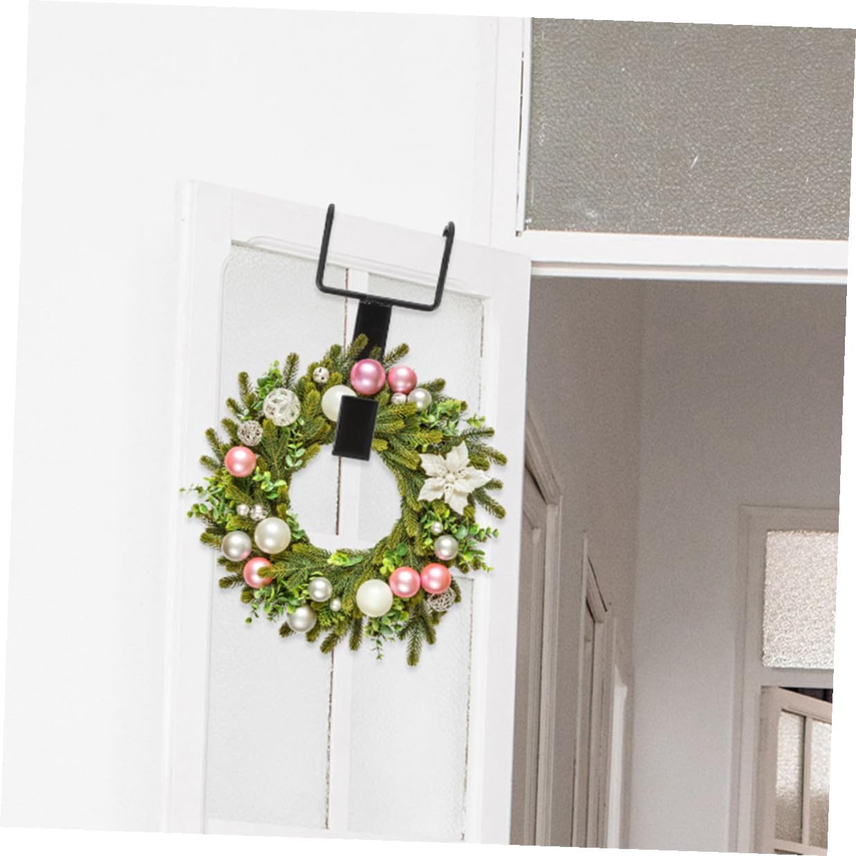 4pcs Black Over-The-Door Hooks for Christmas Wreaths, Cast Iron Door Wreath Hanger with Double Hooks, Front Door Garland Hangers for Holiday Decorations