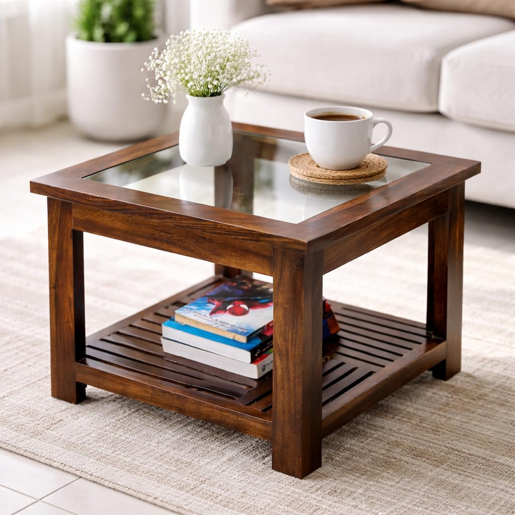 Solid Sheesham Wood Coffee Table with Glass Top & Storage Shelf | Premium Wooden Teapoy | Modern Center Table for Living Room | Wooden Tea Table (Walnut Finish)-picture-24