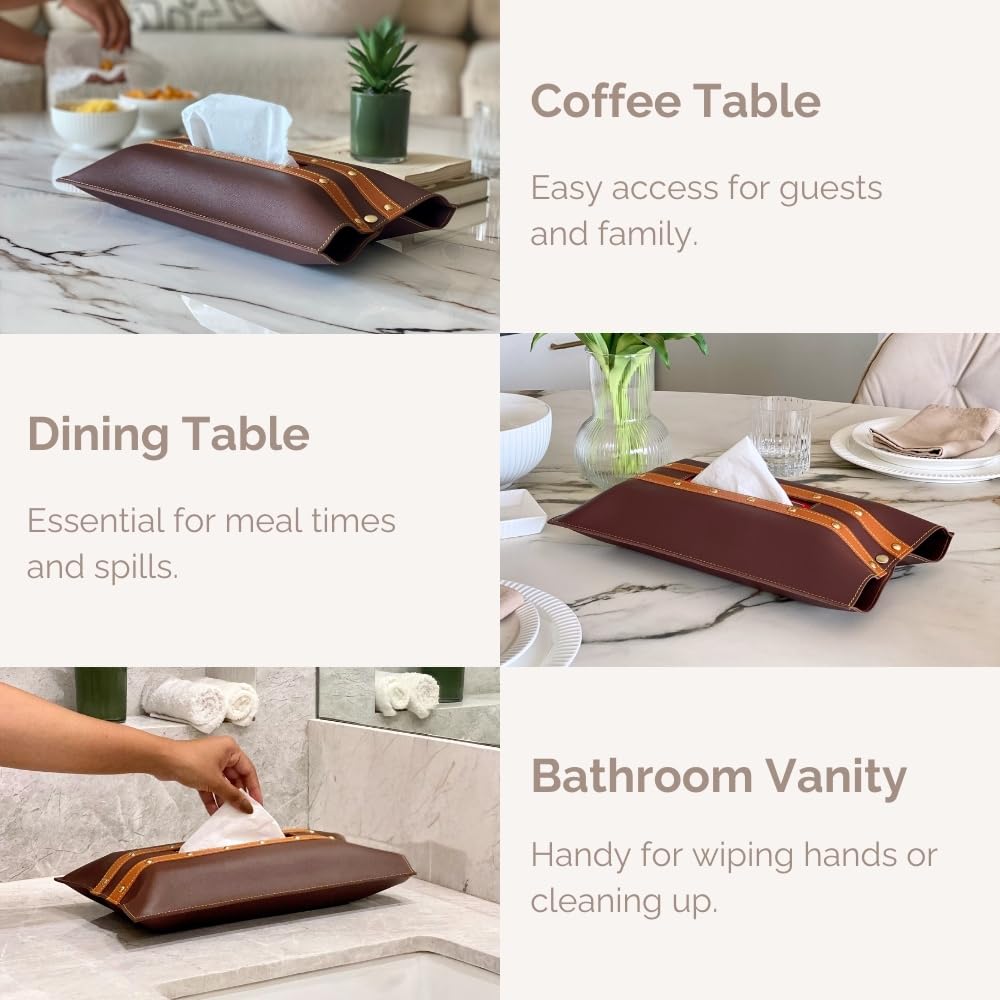 Mason Home Vegan Leather Brown & Tan Tissue Box Sleeve Pack of 1 - L 14" x B 9" | Paper Napkin Holder | Cover for Tissue Case - Holder - Dispenser - Organizer | Home - Office - Table - Desk 2