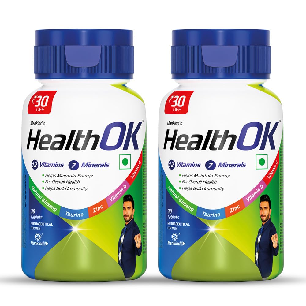 Sponsored Ad - Health OK Multivitamin with Natural Ginseng, Taurine power, Daily Energy, alertness, Vitamin D, C & other 18 multivitamins minerals, for Overall Health, 60 Tablets (Veg)
