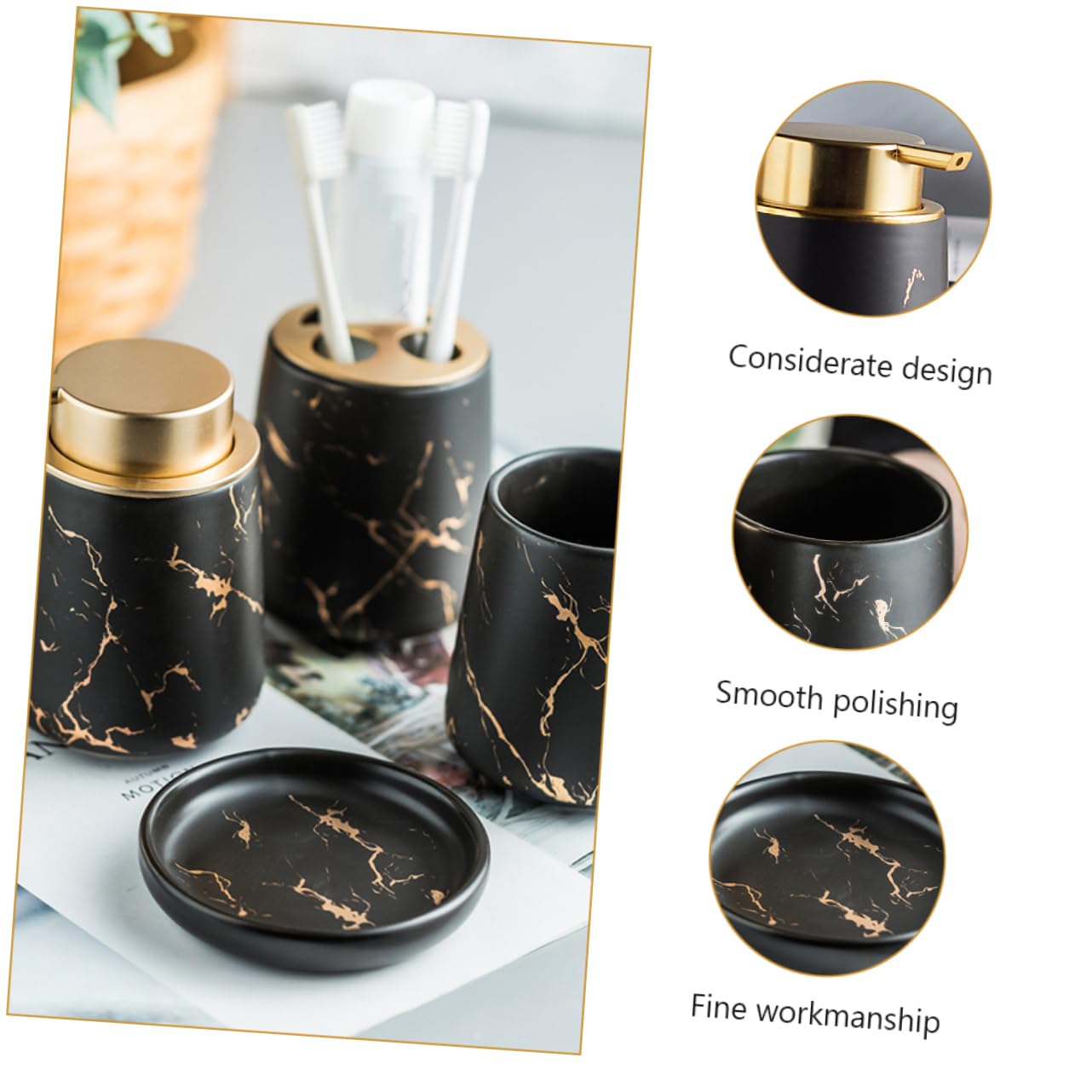 UKCOCO Juego de Vaso Accesorio para Cepillo de Dientes Negro para Cerámica Accesorio Elegante Elegante Organizador y Bandeja para Jabón para Baño y Lavabo Baño y Lavabo