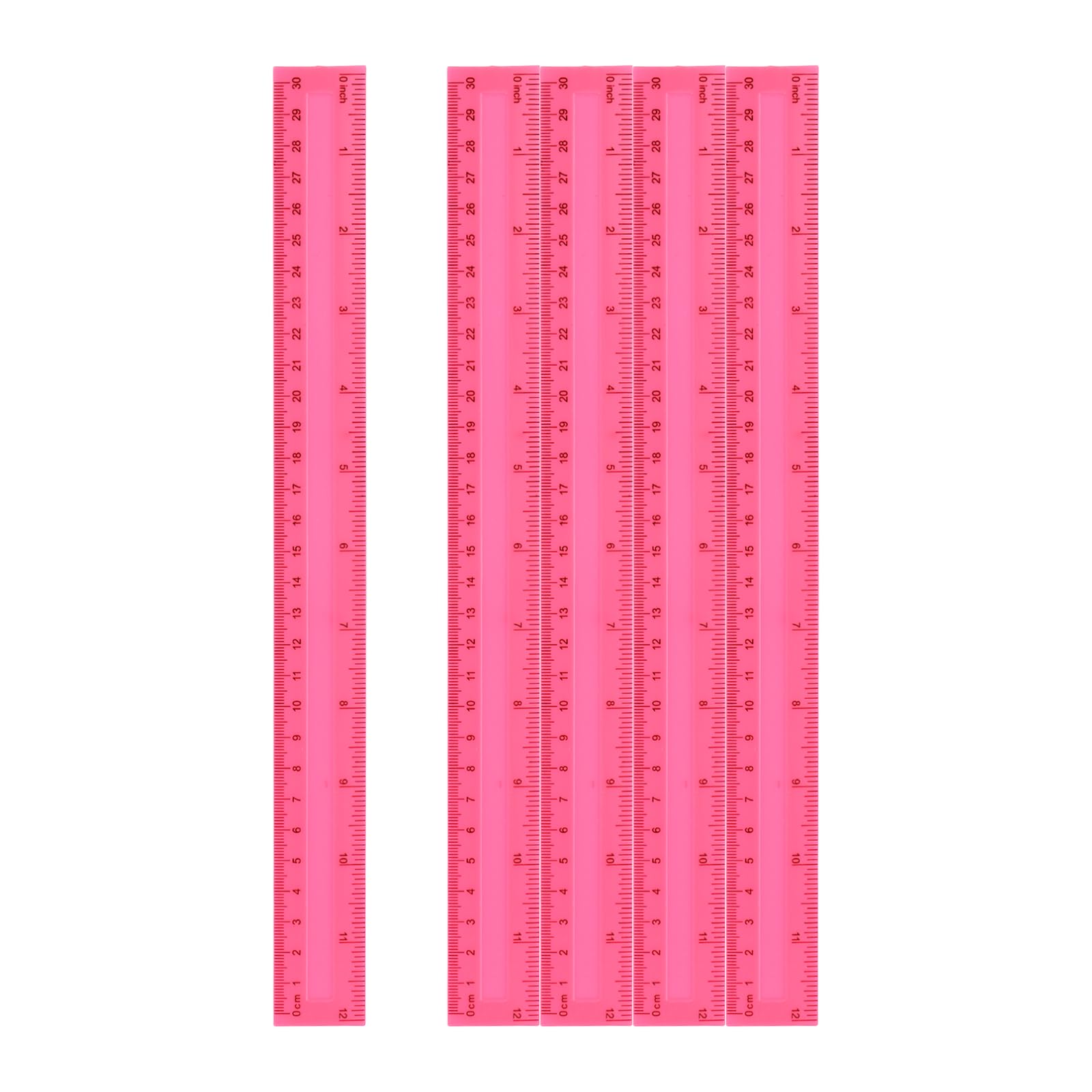 sourcing map 5pcs Plastic Rulers 12" (30cm) Clear Straight Ruler Measuring Tool Inches and Centimeters for Home Office Classrooms Drafting, Pink