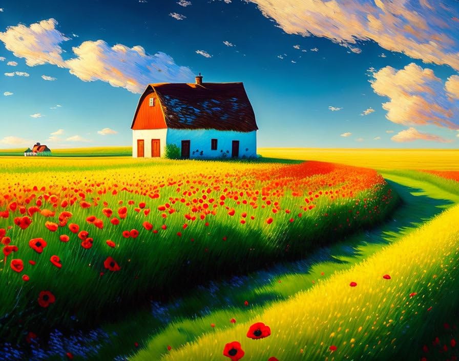 Champ de fleurs et grange poster sur toile pour salon lumineux 58x90cm