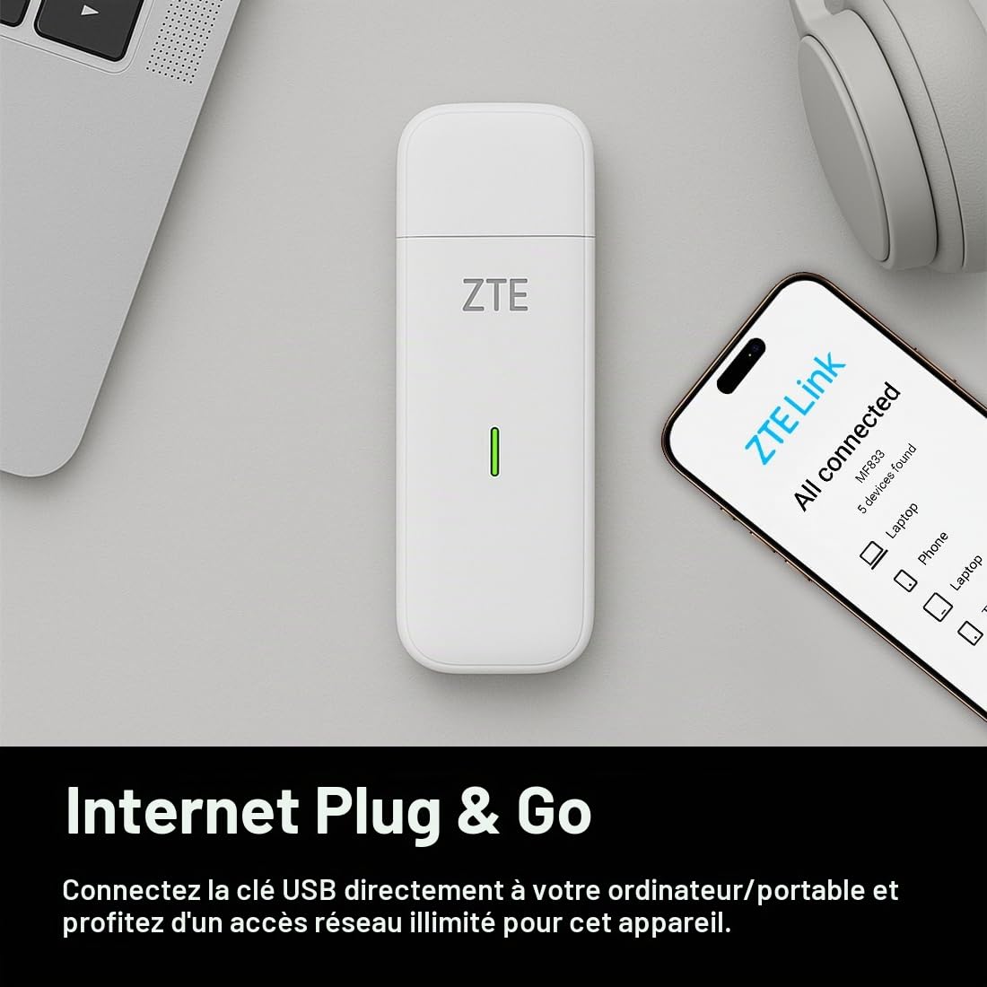 ZTE MF833 Dongle USB CAT4/4G débloqué à Faible coût, 150 Mbps, Configuration multibande, avec Une Garantie de 2 Ans et Une Carte SIM Intelligente Gratuite - Blanc