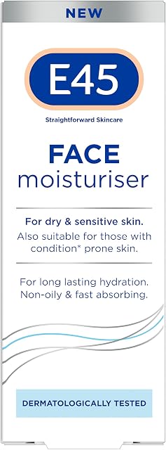 E45 Face Moisturiser  Face Cream for Long-Lasting Moisturisation  E45 Cream for Dry and Sensitive Skin  Dermatitis and Eczema Cream  Fast-Absorbing and Non-Greasy Formula - Dermatologically Tested