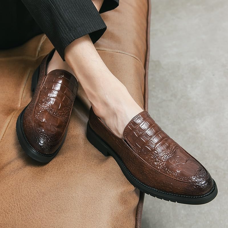 Dress Shoes for Men Slip On Round Burnished Toe Crocodile Print Apron Toe Block Heel Anti-Slip Rubber Sole Low Top Non Slip Outdoor(Brown,9)3