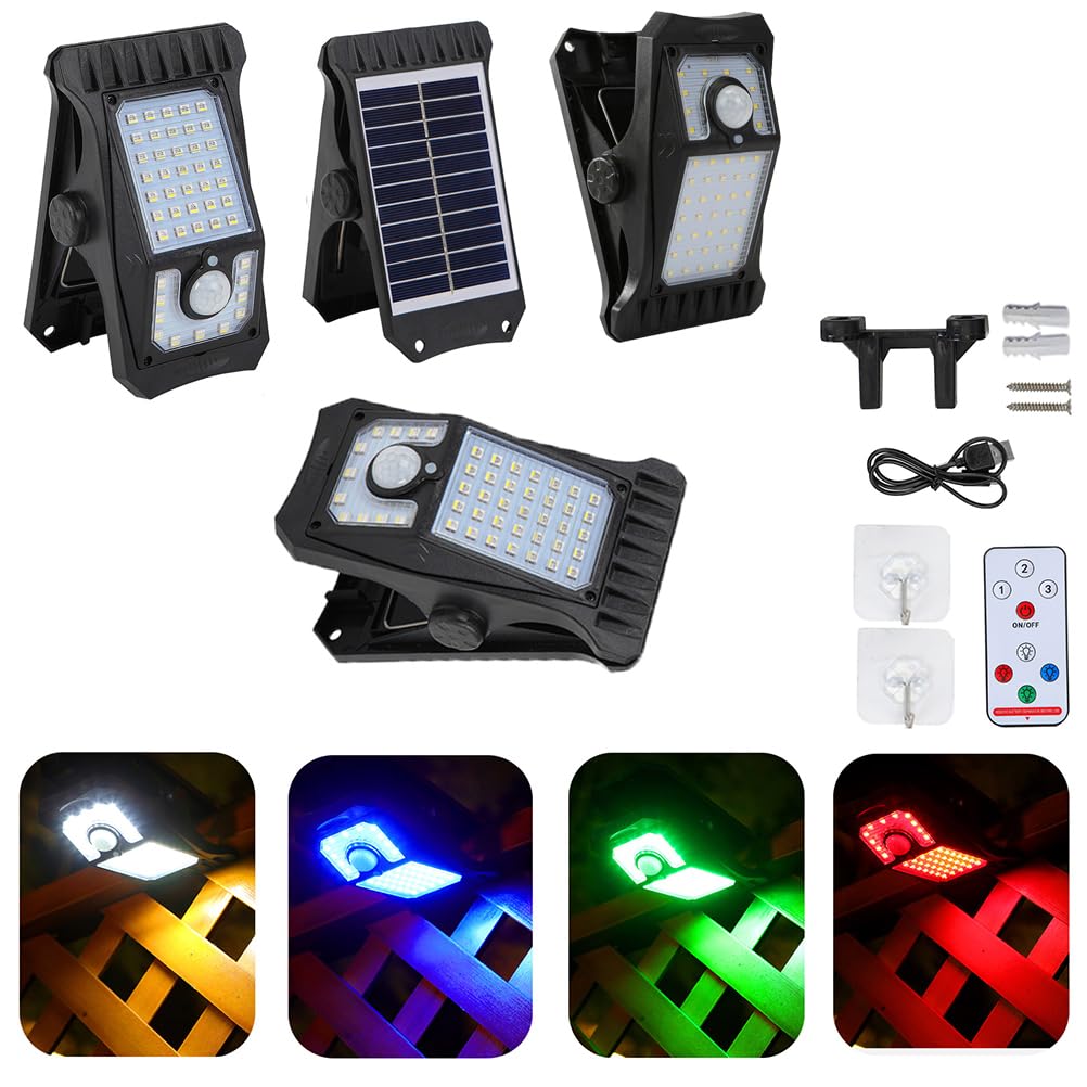 AoLa Solarlampen für Außen mit Bewegungsmelder, Neue 46 LED 4 Farben Clip-on Solarleuchten 3 Modi mit Fernbedienung IP65 wasserdichte Solar und USB angetriebene Solarlampe für Garten,4 Stück