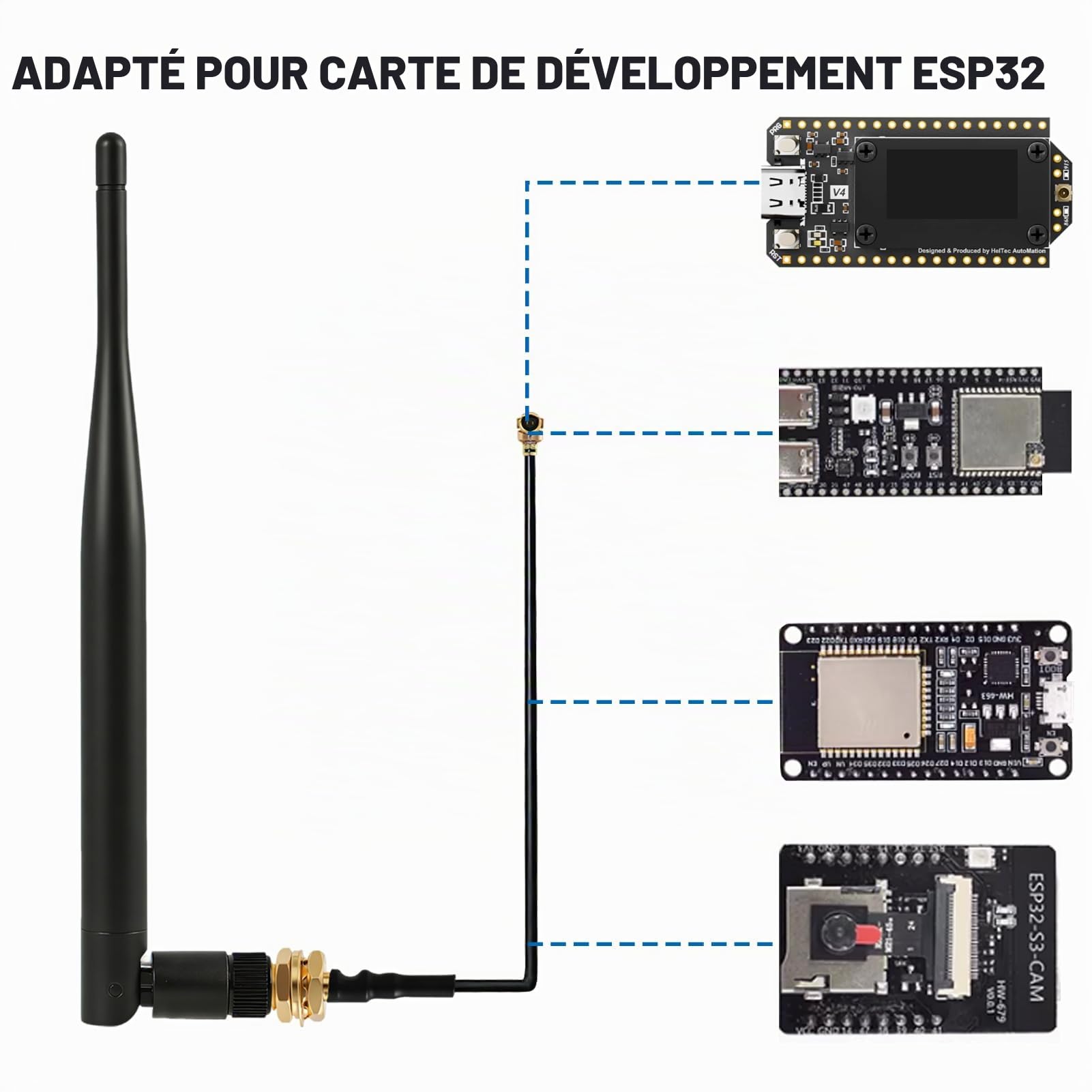Lot de 2 adaptateurs d'antenne LoRa 868 MHz 5 dBi Gain Omnidirectionnel SMA mâle avec SMA femelle Câble adaptateur d'antenne pour carte OLED Meshtastic ESP32 LoRa avec rallonge IPEX de 15 cm