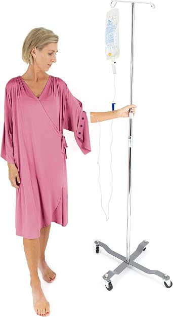 KickIt Hospital Gowns for Women with Snaps Sleeves for IVs, Chemo Robe for Port Access, Mastectomy Shirt with Drain Pockets