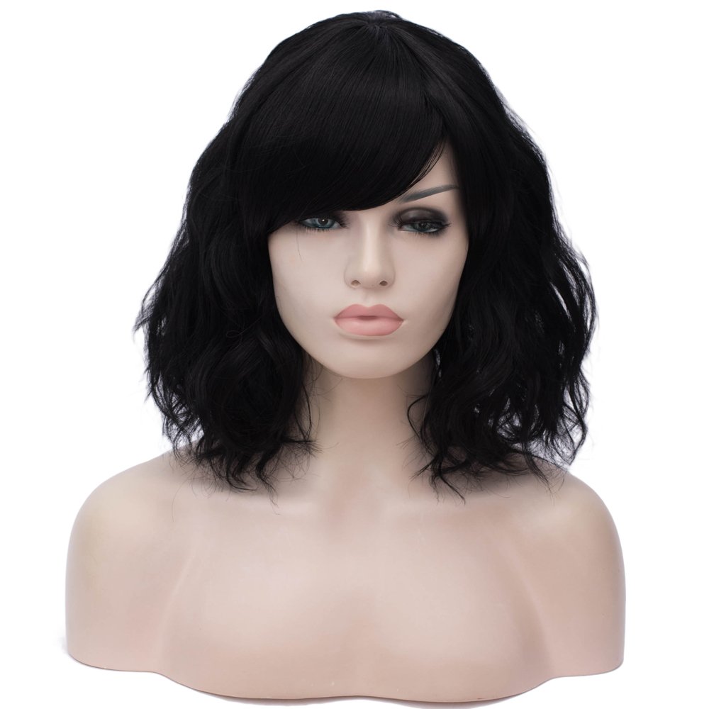 BUFASHION 14" Women Short Wavy Curly Black Bob Wig With Side Bang - Cosplay Halloween Synthetic (Black)