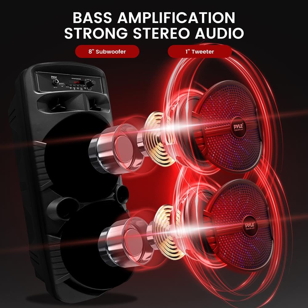 Pyle Enceinte Bluetooth, Enceinte Portable Extérieure Rechargeable de 600 W, Haut Parleur Sono avec Double Caisson de Basses, Tweeter, Entrée Microphone, Lumières de Fête, USB, Radio, Télécommande