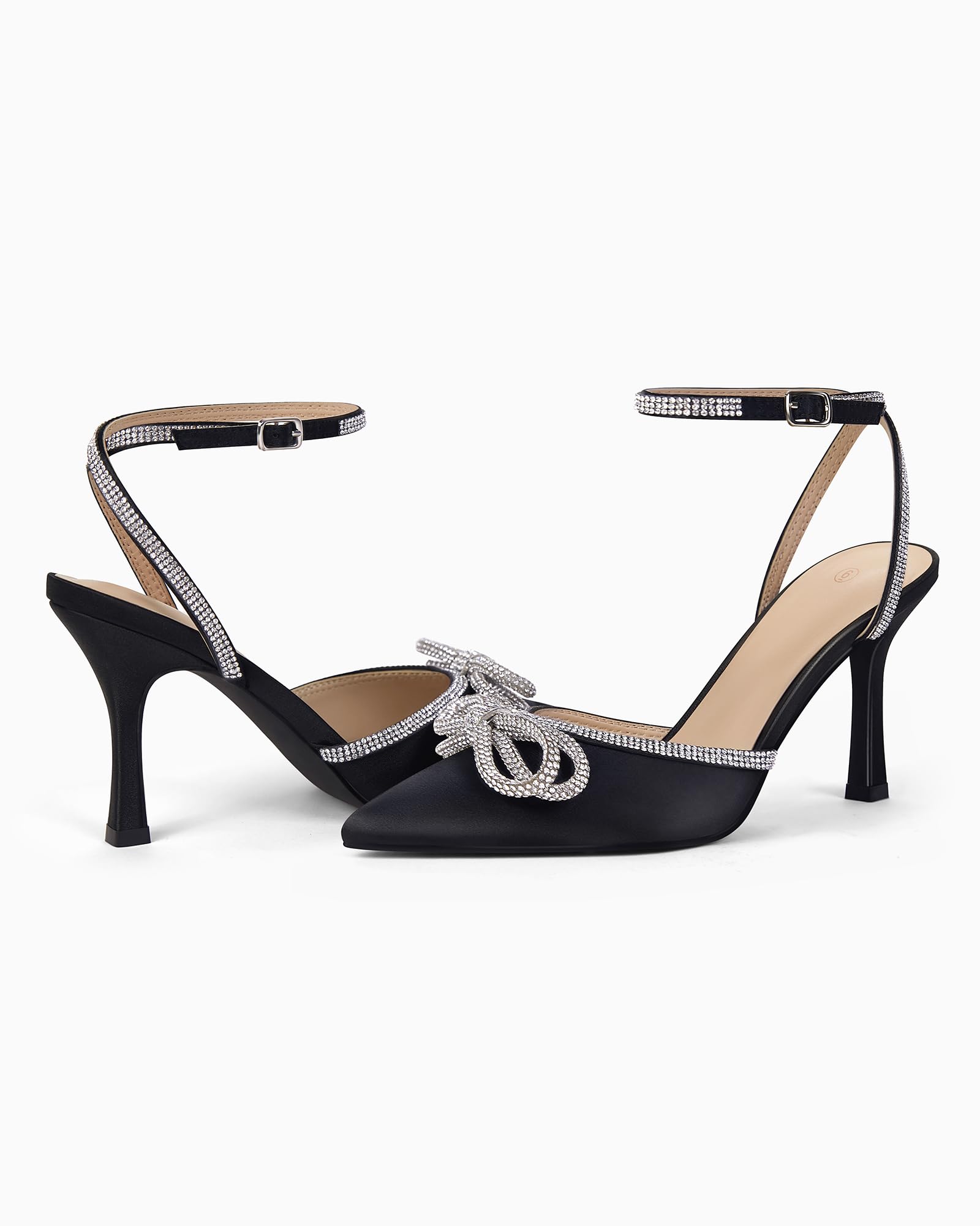 VETASTE Women's Double Bow Pointed Toe Ankle Strap Crystal Pumps Wedding Bridal Party Stilettos Backless Satin Heeled Sandals: 10 01-black